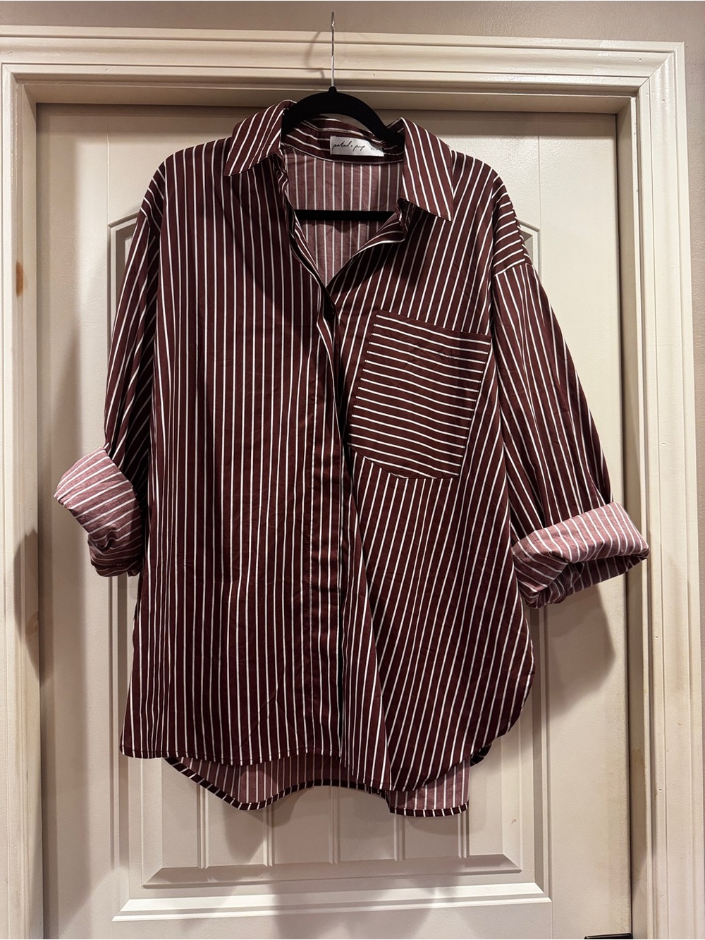 Striped Maroon Button-Up Shirt with Chest Pocket
